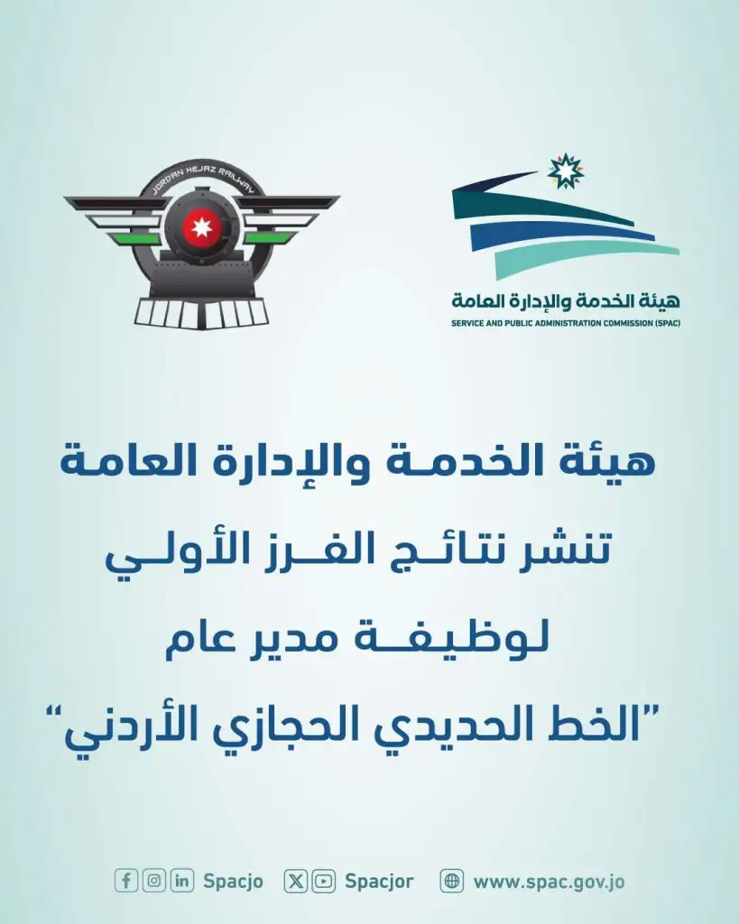 الحكومة تنشر نتائج الفرز الأولي لوظيفة"مدير عام مؤسسة الخط الحديدي الحجازي الأردني"
