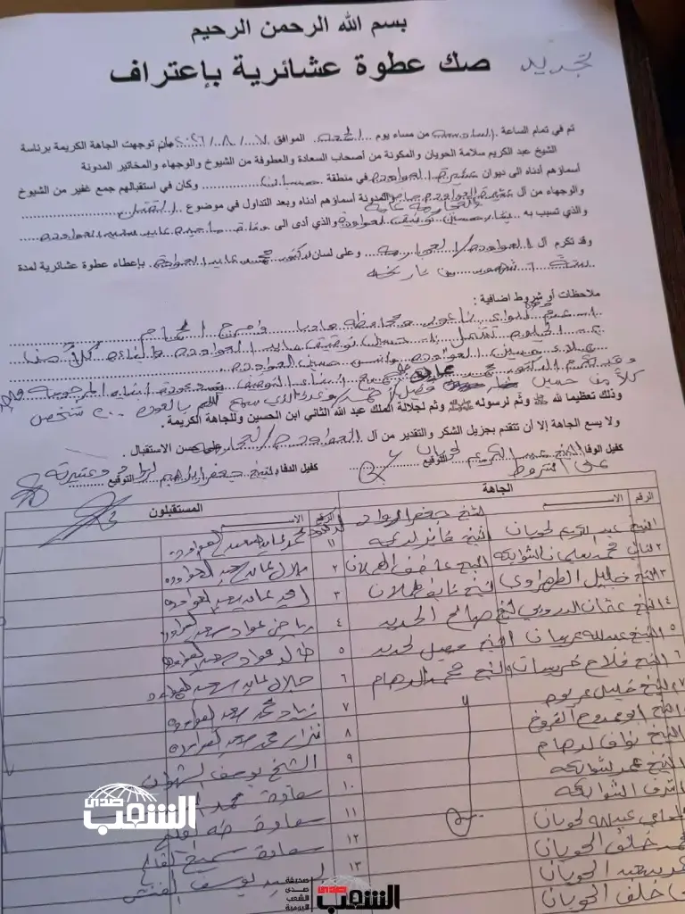 تجديد (صك العطوة) العشائرية لجريمة منطقة حسبان 6 أشهر .. وثيقة